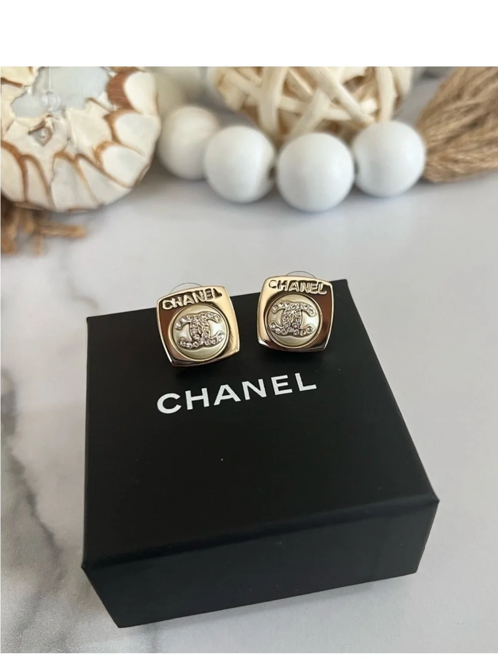 CHANEL Gold-Tone Square CC Logo Stud Earrings